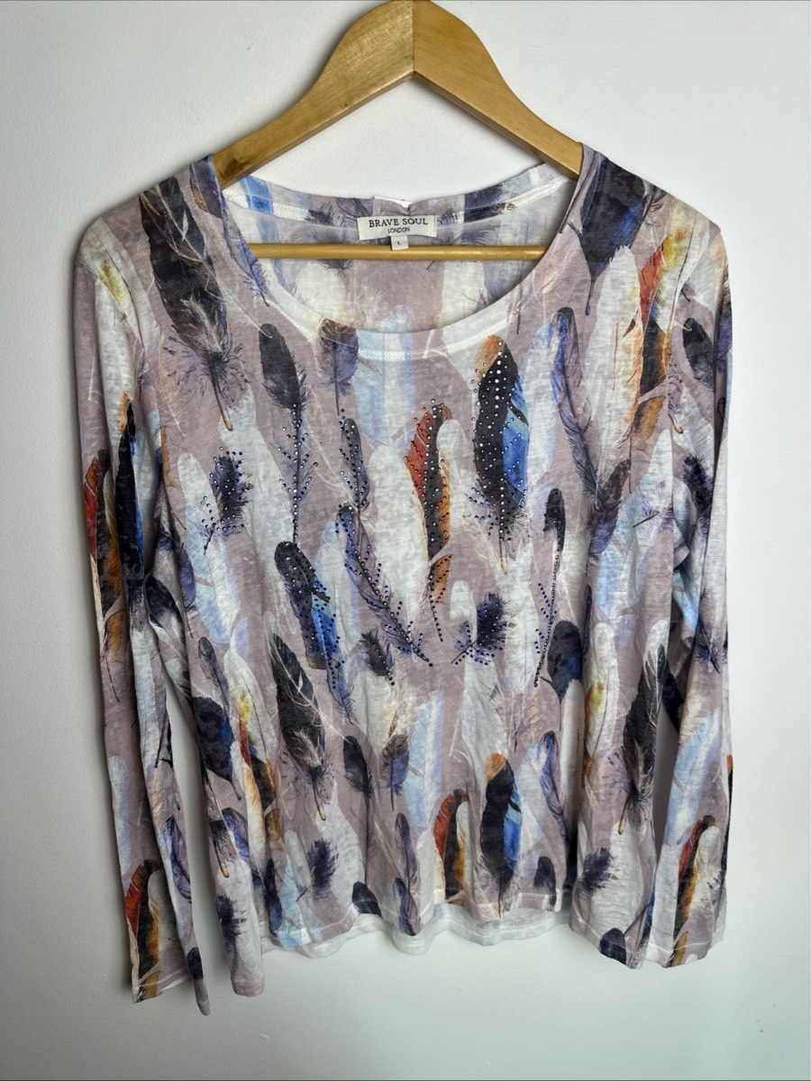 Brave Soul London Womens Top Size L Feather Print Long Sleeve Embellished