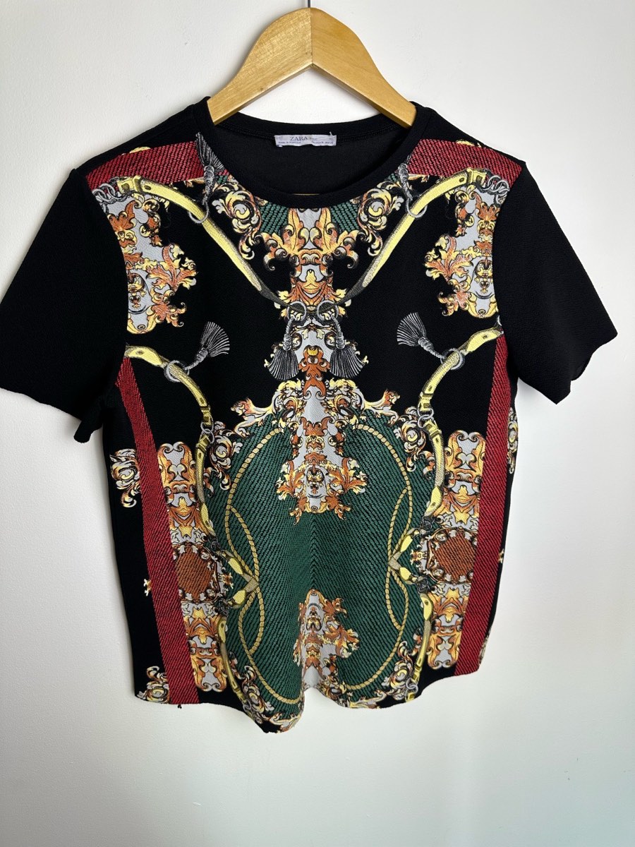 Zara Basic Womens Baroque Print Short Sleeve Top Size M Made in Portugal