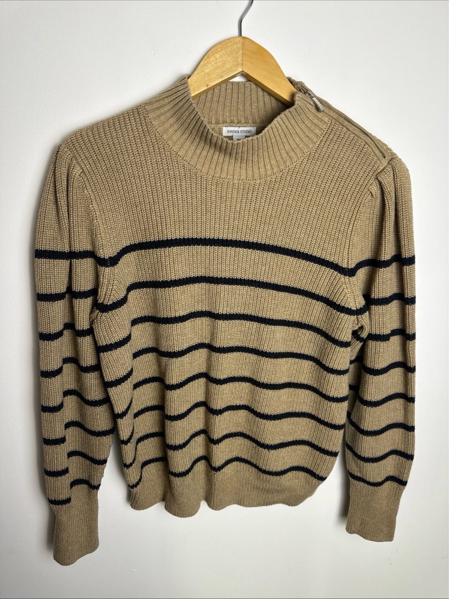 Sonder Studio Stripe Knit Jumper Camel Black High Neck UK16 Chunky Sweater