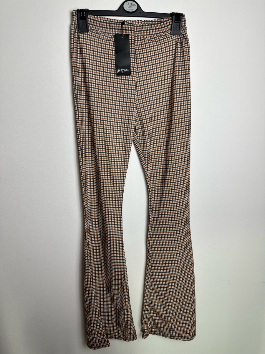 Nasty Gal Women’s Check Flared Trousers UK 8 Brown Gingham Stretch NWT