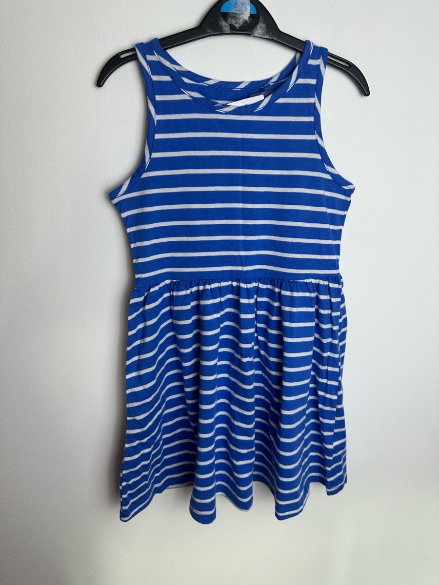 F&F Girls Blue White Striped Skater Dress Age 5-6 Years Summer Casual