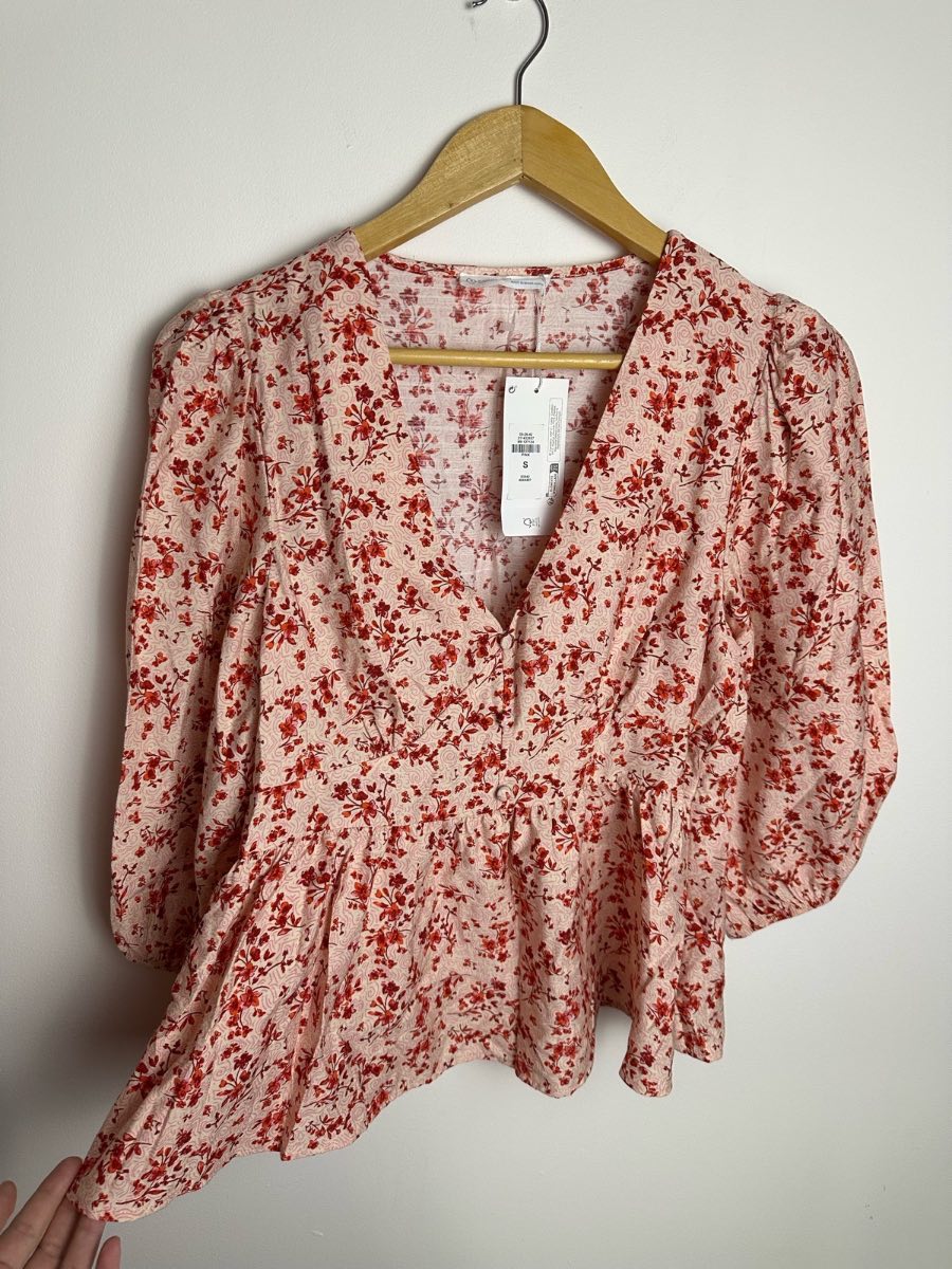 Primark Cares Women’s Pink Floral Peplum Blouse Top V Neck 3/4 Sleeve Size S BNWT