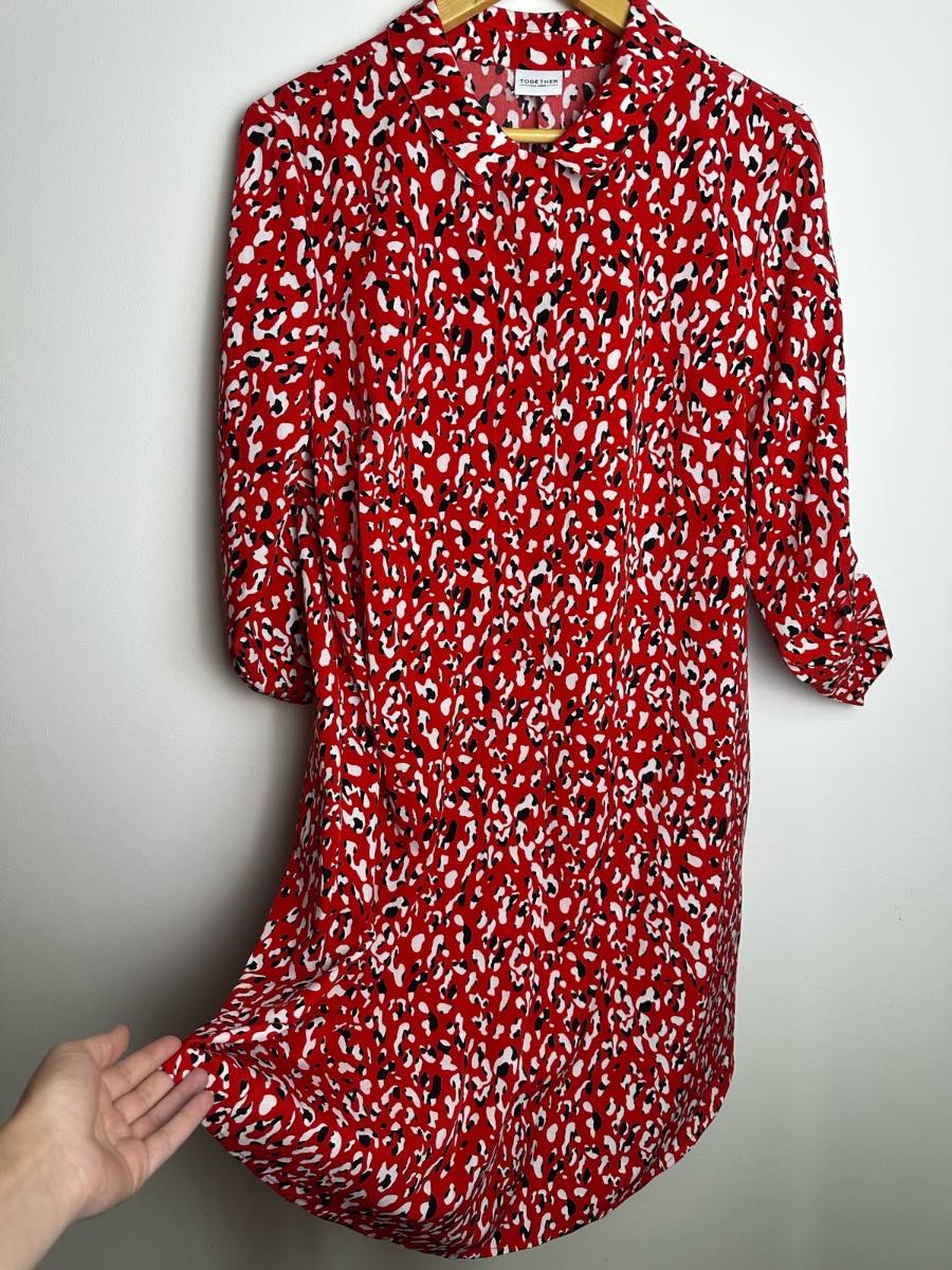 Together Red Animal Print Shirt Dress UK 16 EUR 44 Roll Sleeve Pockets