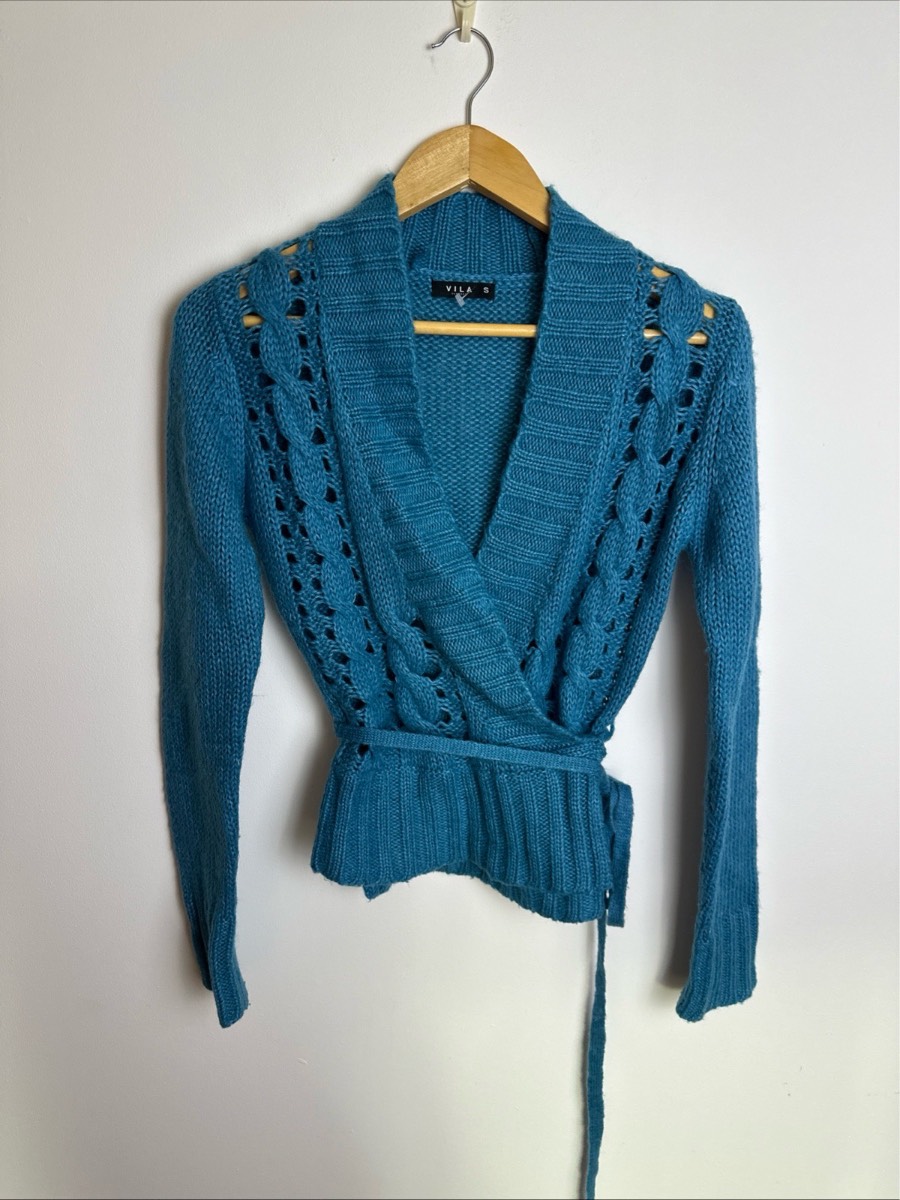 Vila Blue Wrap Knit Cardigan Mohair Blend Tie Waist Cable Knit Size S