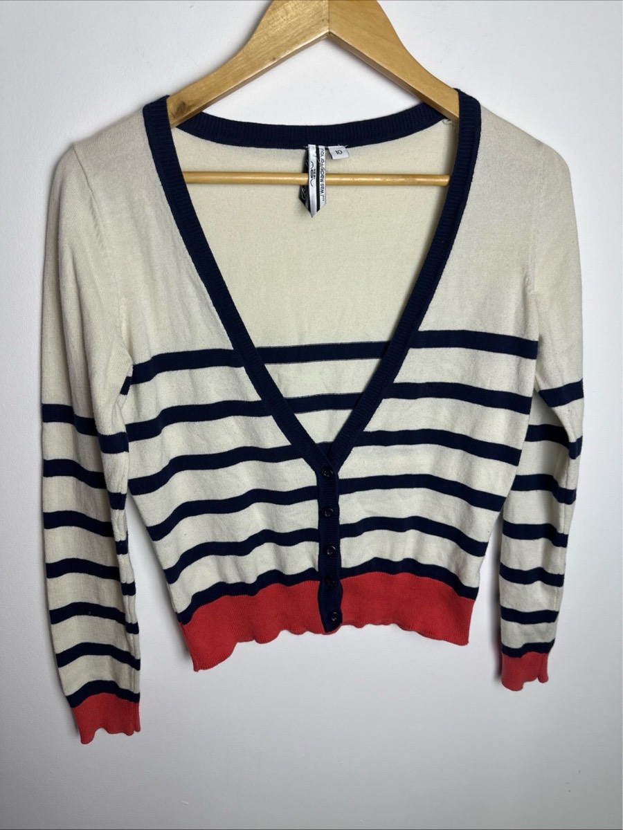 New Look Navy White Striped Cropped Cardigan UK 10 Button Front
