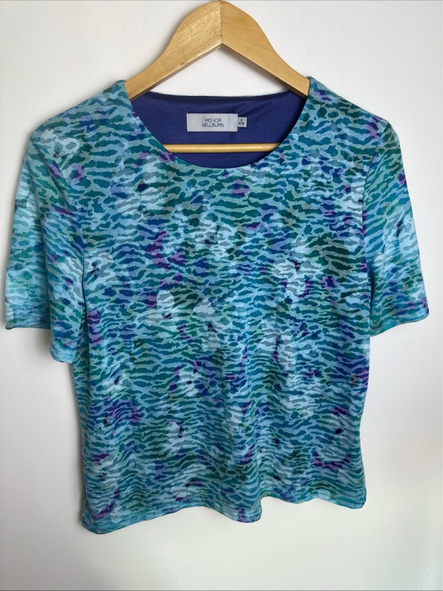 Honor Millburn Blue Abstract Print Top UK 10 12 Short Sleeve Stretch Blouse