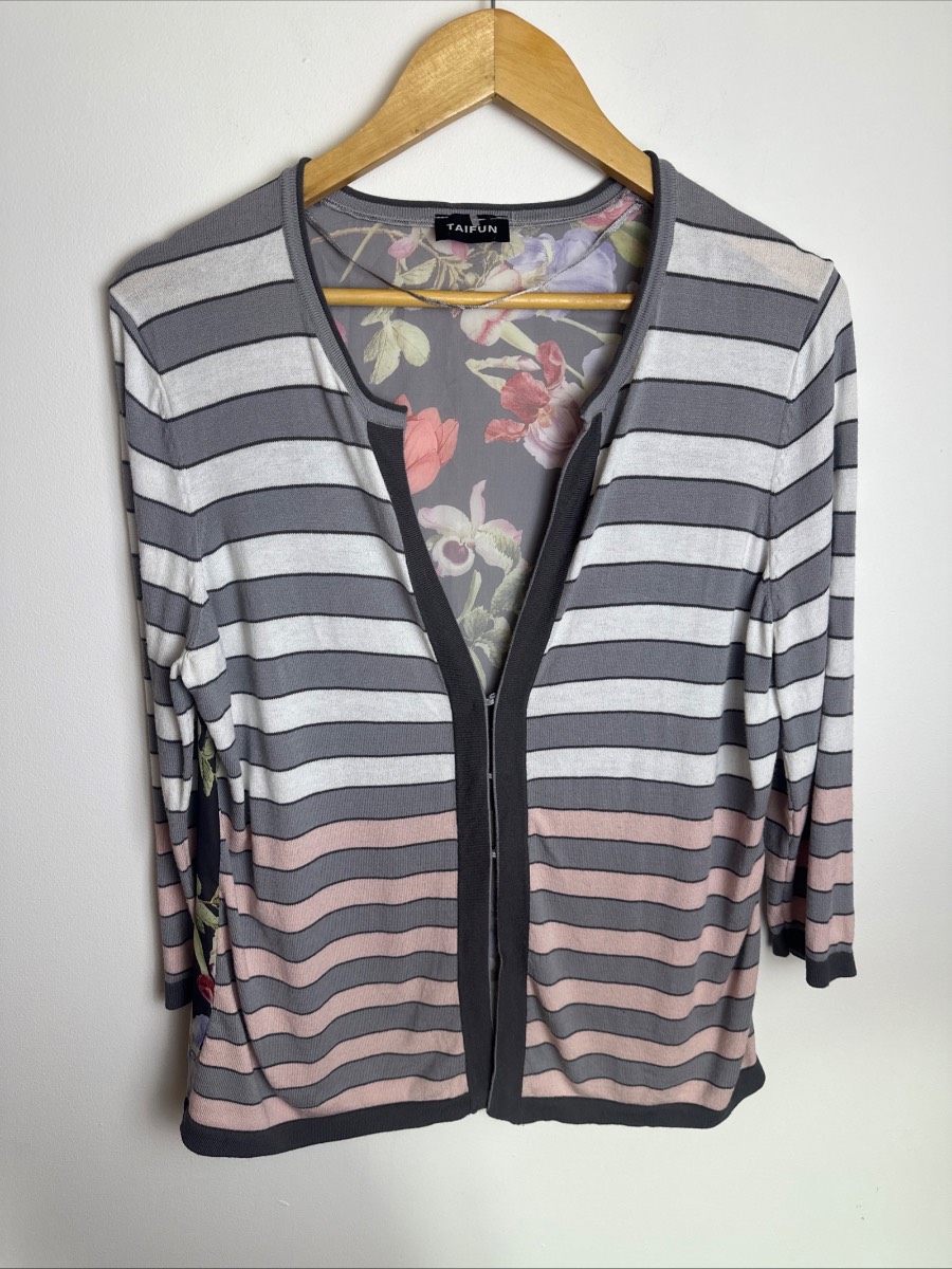 Taifun Women’s Cardigan UK 12 Grey Pink Stripe Floral Back Lightweight Knit