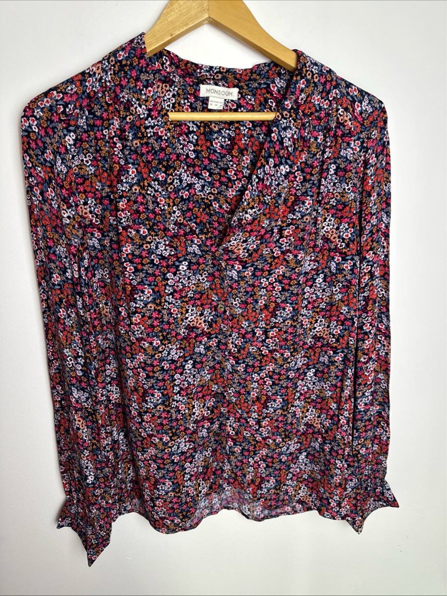 Monsoon Floral Blouse Top UK 10 Boho Long Sleeve V Neck 100% Viscose