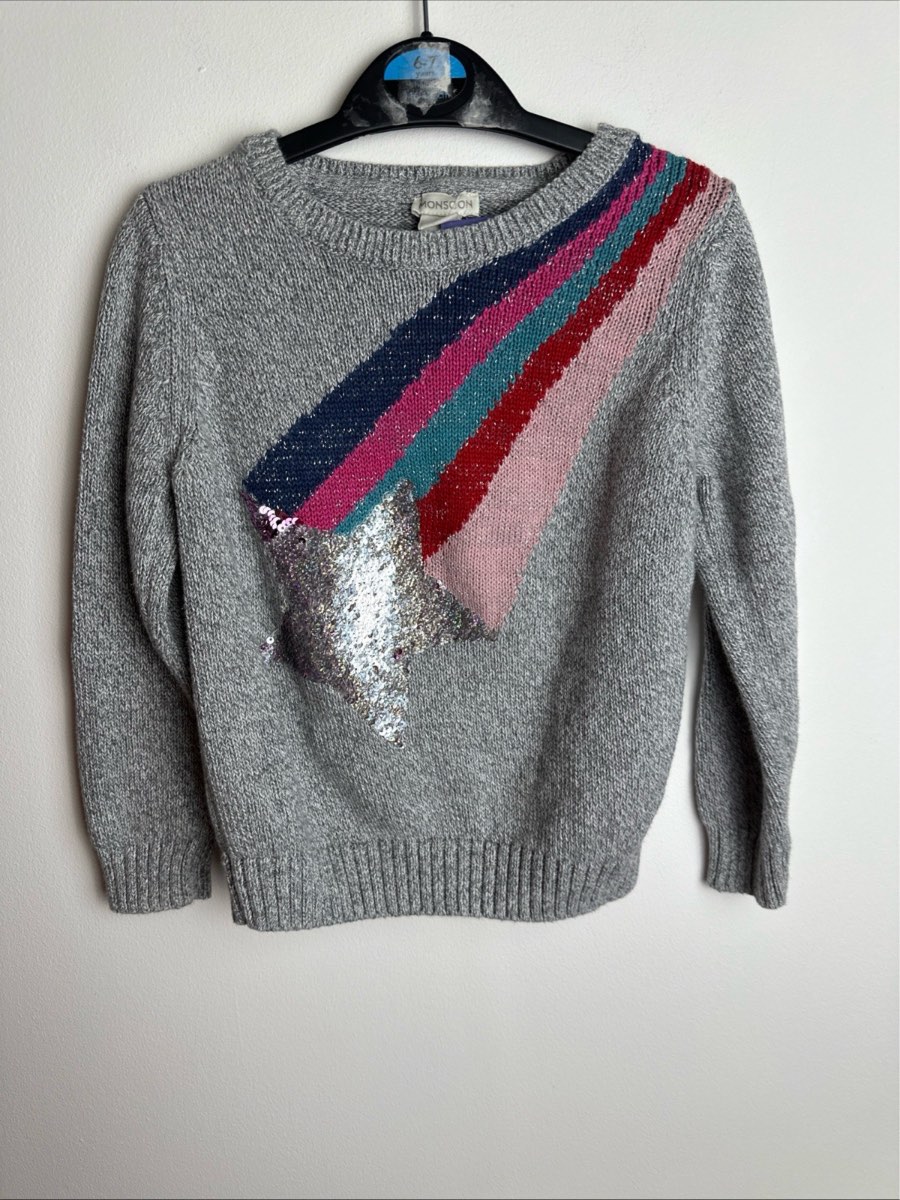 Monsoon Girls Grey Shooting Star Jumper 3-4 Years Sequin Rainbow Cotton Knit
