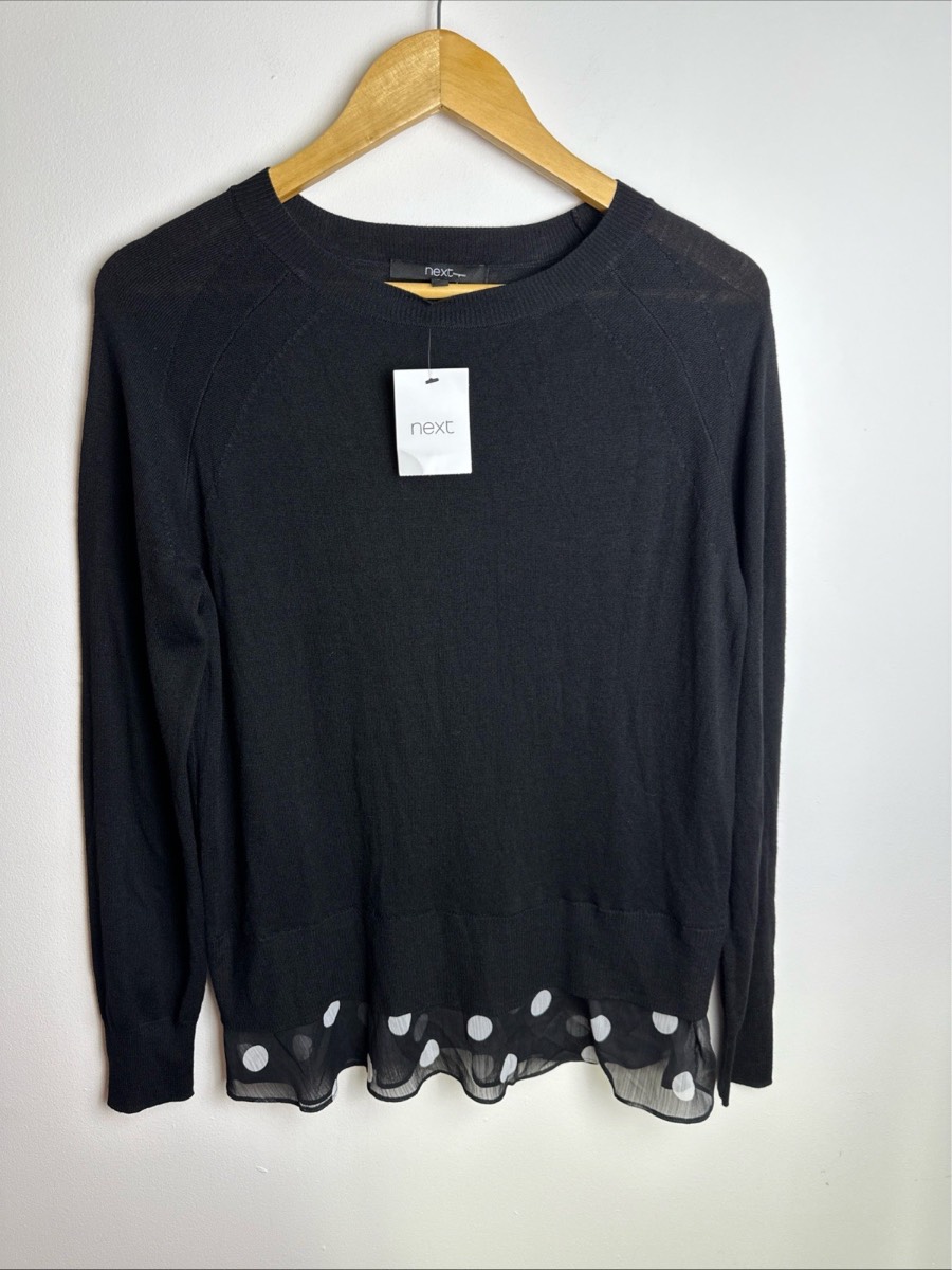 Next Black Fine Knit Jumper UK 6 EU 34 Polka Dot Chiffon Hem Long Sleeve NWT