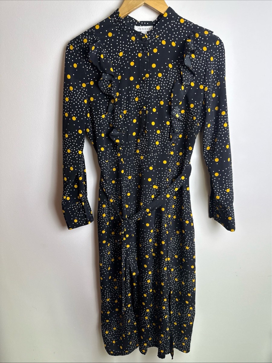 Topshop Petite Black Polka Dot Ruffle Tie Waist Midi Dress UK 12