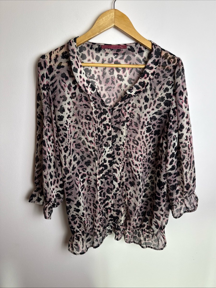 Next Pink Leopard Print Chiffon Blouse Frill Hem 3/4 Sleeve Size UK 18
