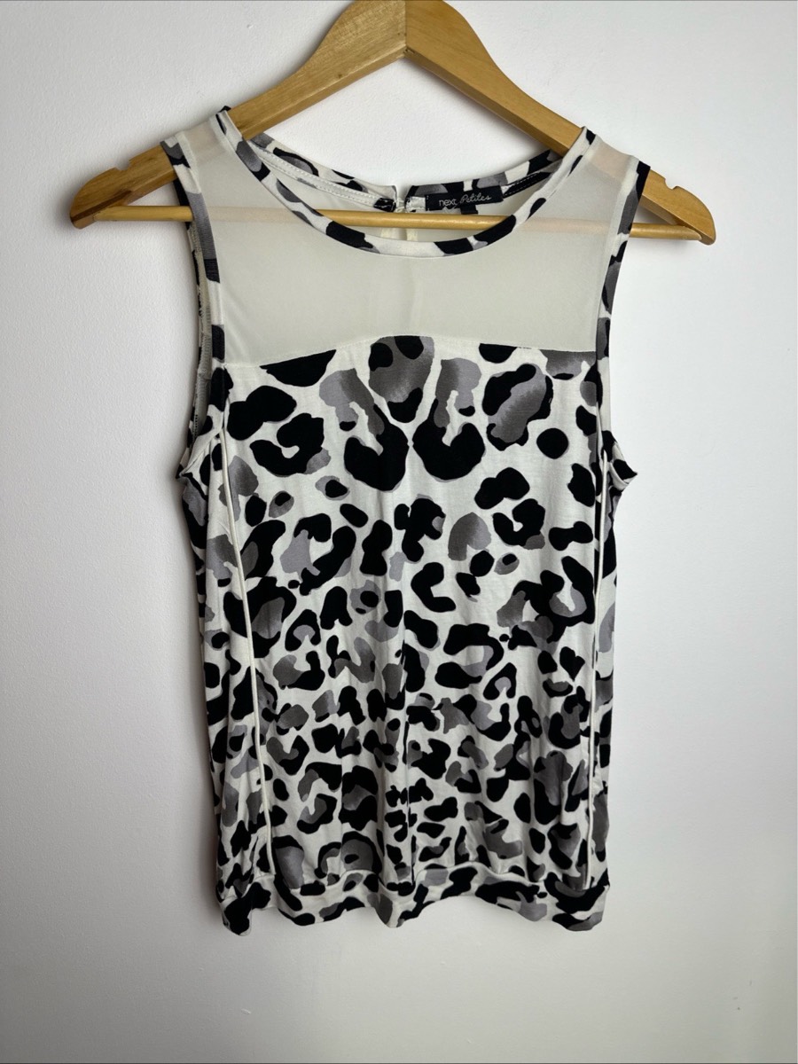 Next Petites Leopard Print Sleeveless Top UK 10 Black White Grey Stretch Blouse