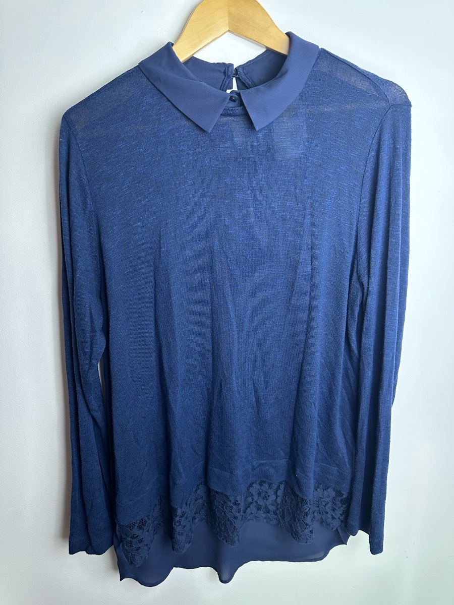 TU Navy Blue Collared Lace Hem Long Sleeve Top UK 16 Smart Casual