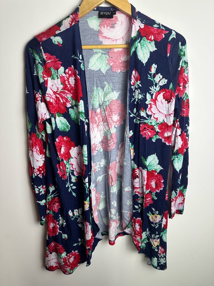 BeYou Floral Open Front Cardigan Navy Pink Long Sleeve Cover Up UK 14