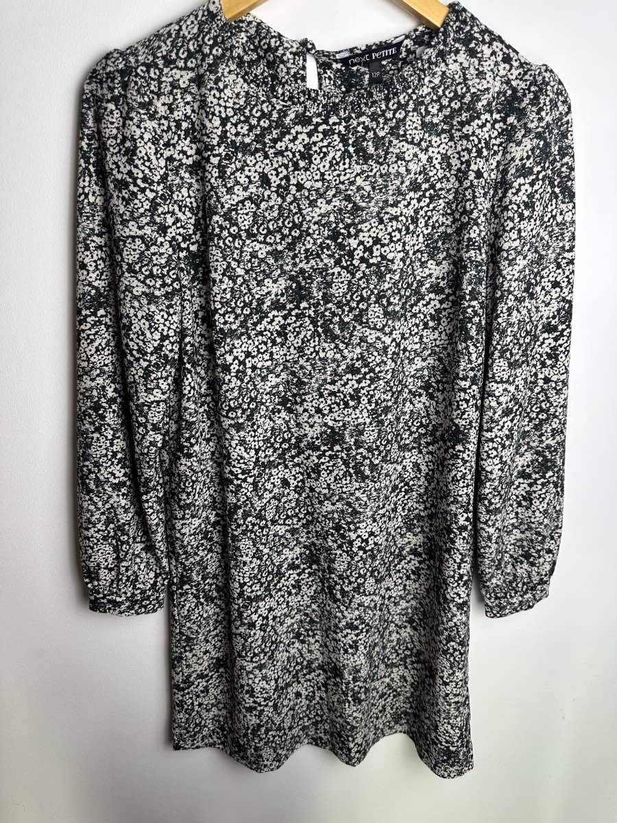 Next Petite Black & White Floral Mini Dress Size UK 12P Long Sleeve