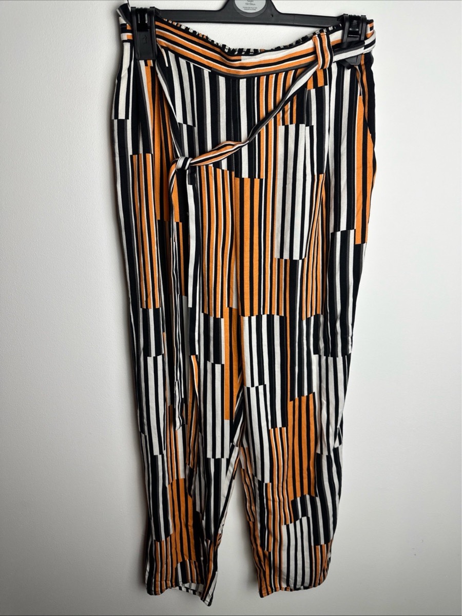 F&F Stripe Tie Waist Wide Leg Trousers Orange Black White UK 6 Viscose