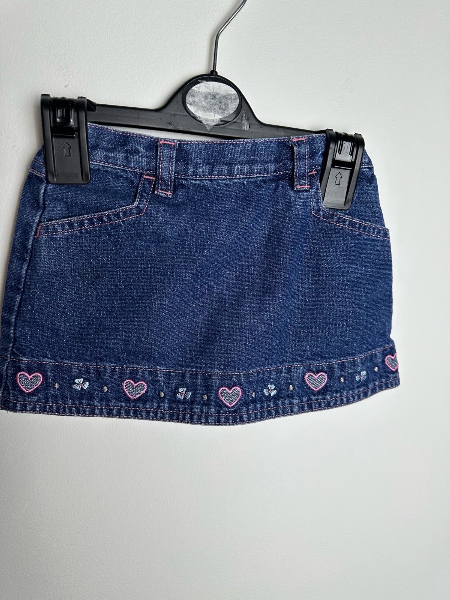 Next Baby Girls Denim Mini Skirt 6-9 Months Blue Embroidered Hearts Elastic Waist