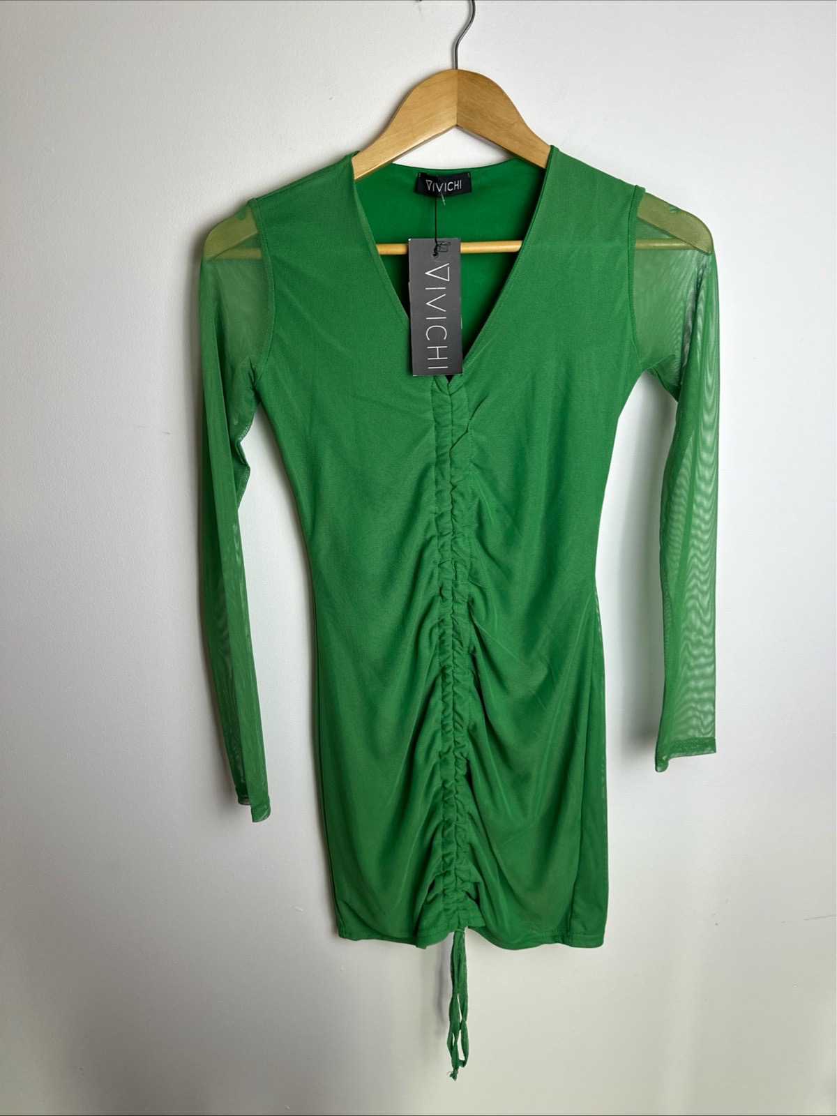 VIVICHI Green Mesh Ruched Mini Dress Size S Long Sleeve BNWT
