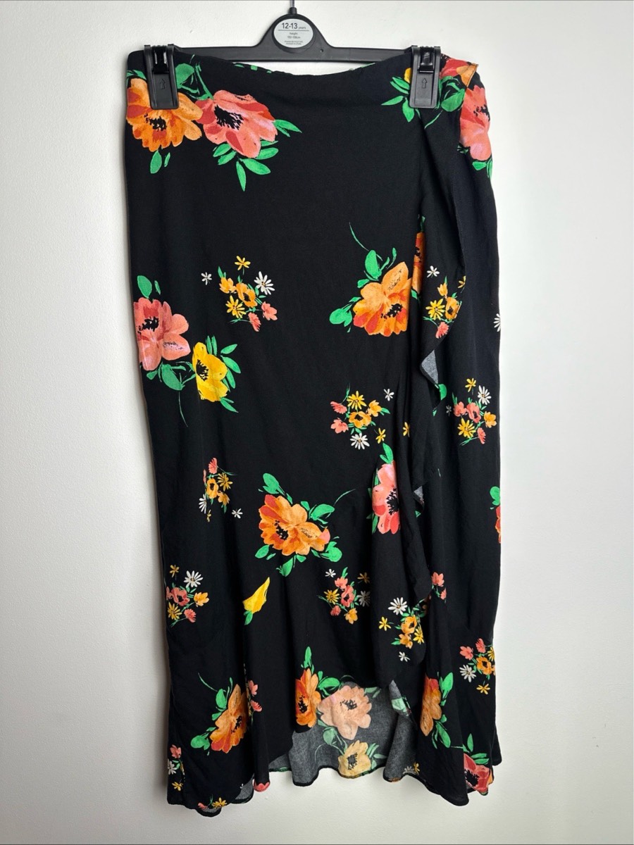 New Look Floral Wrap Midi Skirt Black Orange Pink UK 10 Ruffle Occasion