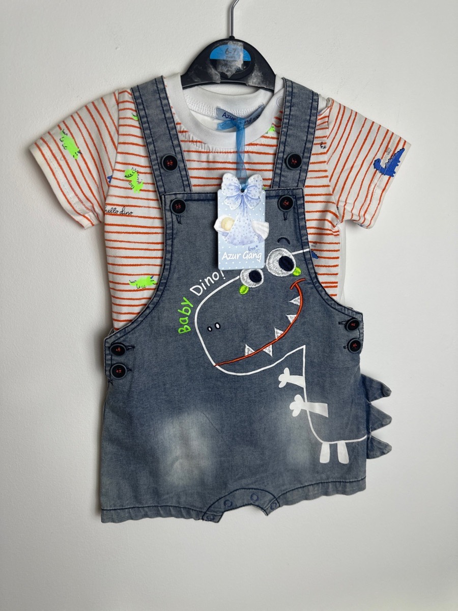 Baby Boys Dinosaur Dungaree Romper & T-Shirt Set 9-12 Months BNWT