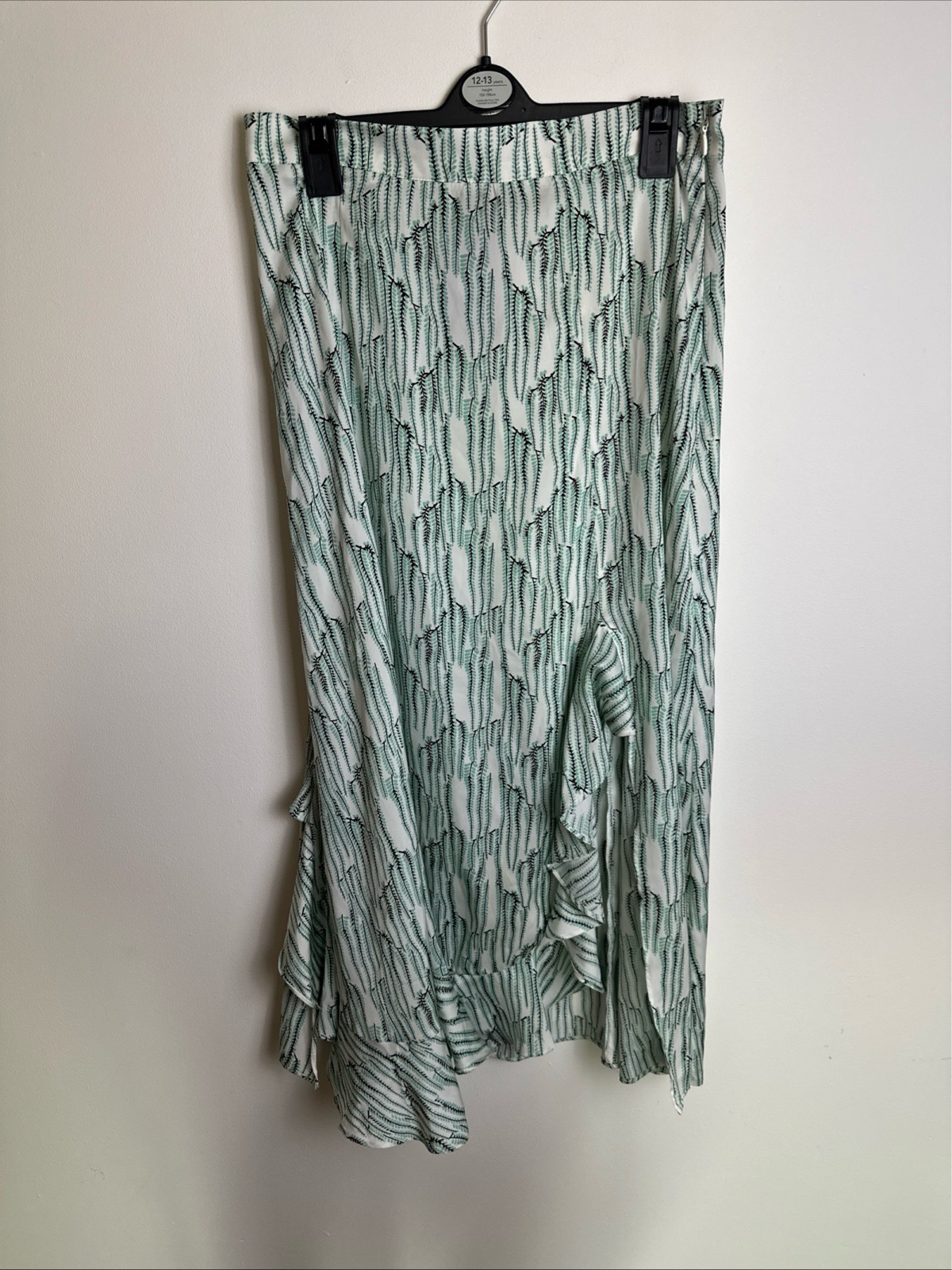 Topshop Women’s Midi Skirt UK 10 Mint Green Print Ruffle Hem Front Back Slit