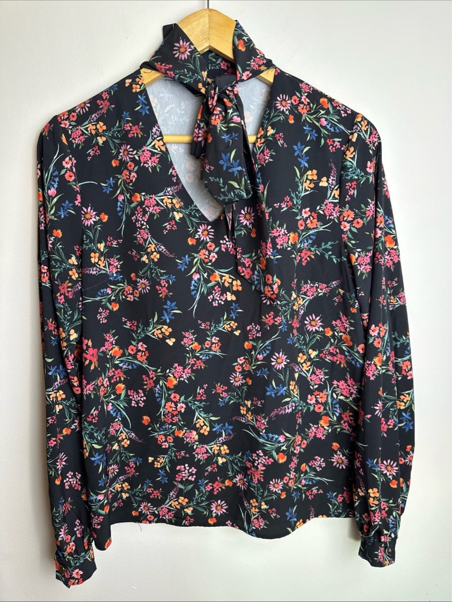 Lipsy London Black Floral Pussy Bow Blouse UK 10 Long Sleeve Smart Top