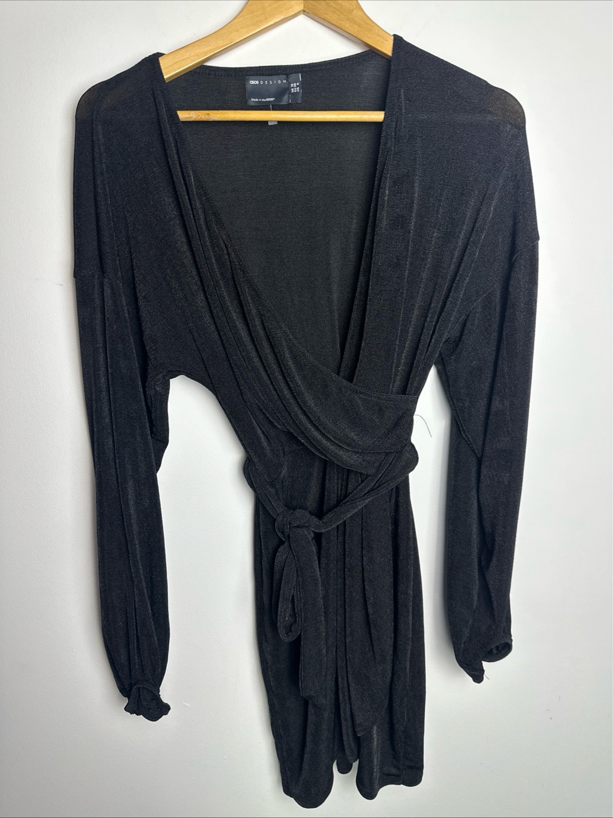 ASOS DESIGN Black Wrap Mini Dress UK 10 Long Sleeve V Neck Belted Party