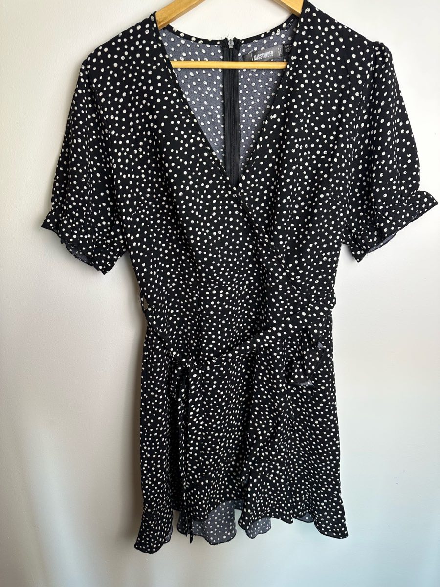 Missguided Polka Dot Wrap Dress UK 12 Black White Mini Tea Dress Tie Waist
