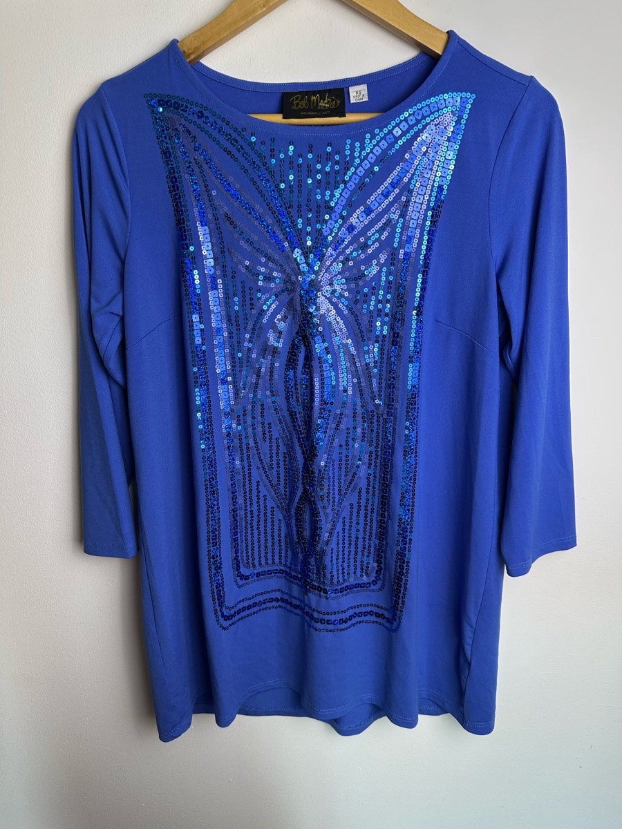 Bob Mackie Wearable Art Blue Sequin Embellished Tunic Top XS 3/4 Sleeve Stretch