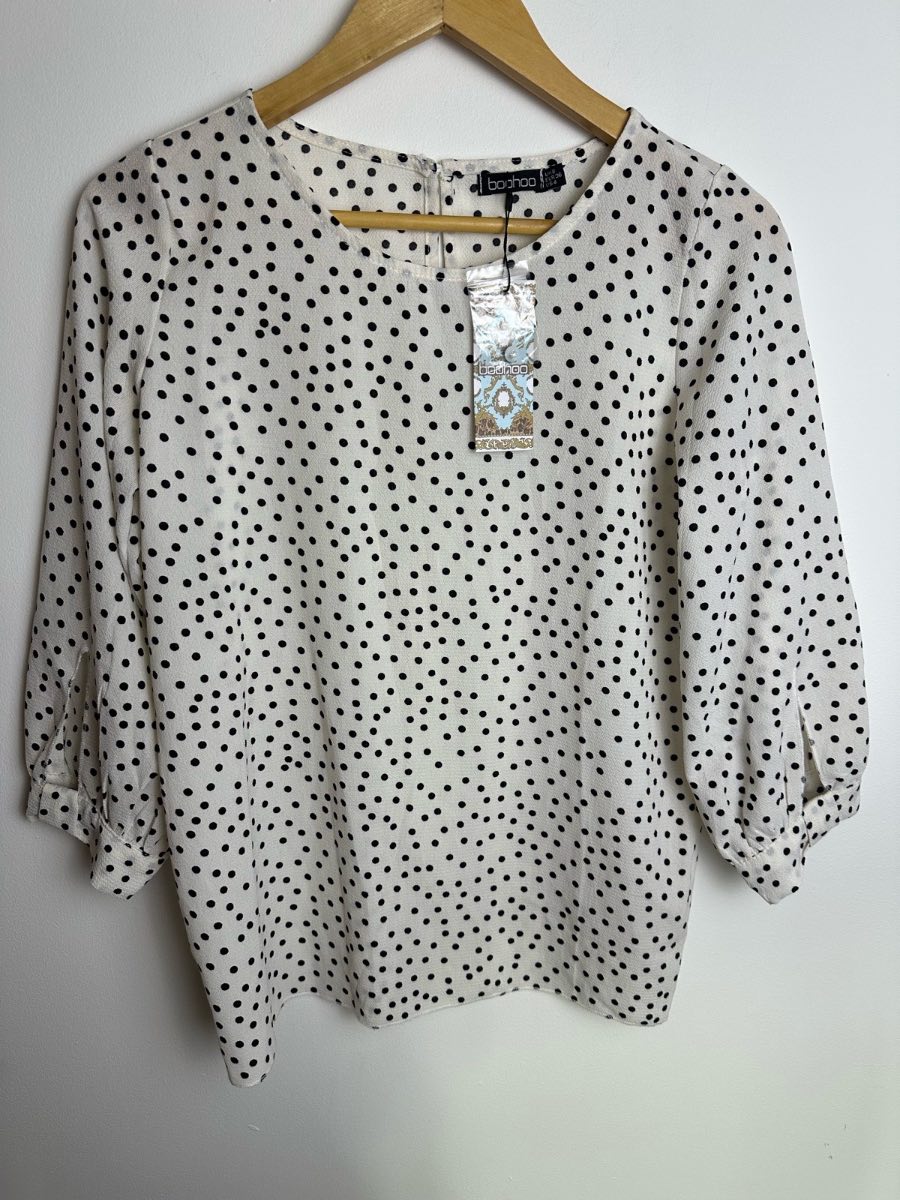 Boohoo White Black Polka Dot Blouse UK 8 3/4 Sleeve Smart Casual