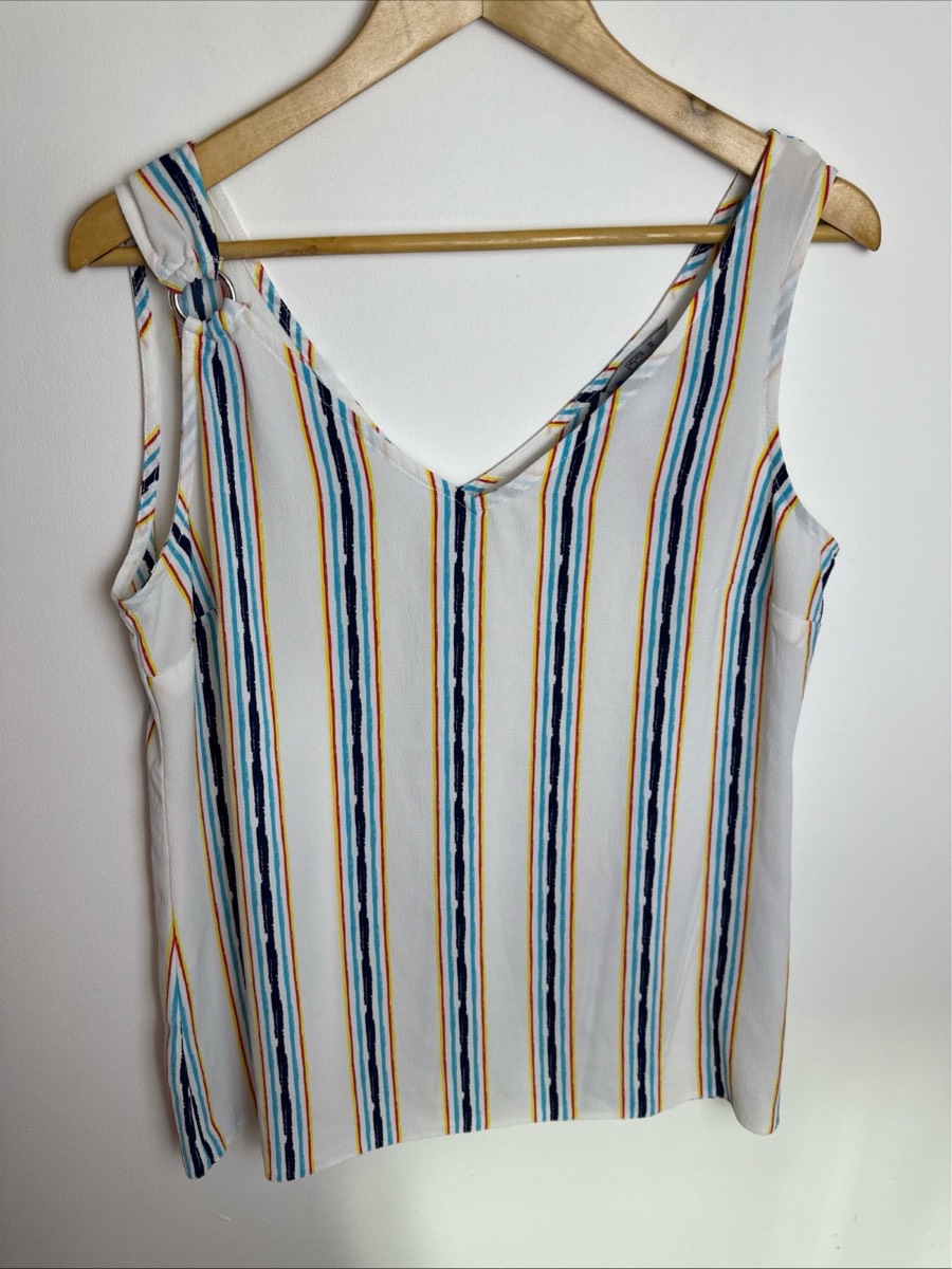 Papaya White Striped Ring Detail Sleeveless Top UK 12 Multicolour Summer Blouse