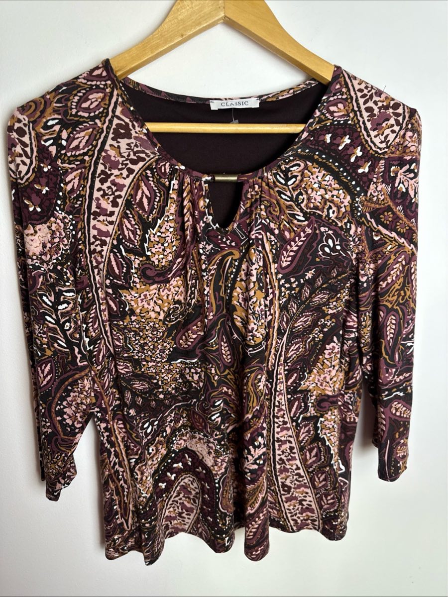 M&S Paisley Print Stretch Top UK 14 Pink Brown 3/4 Sleeve Viscose Blouse