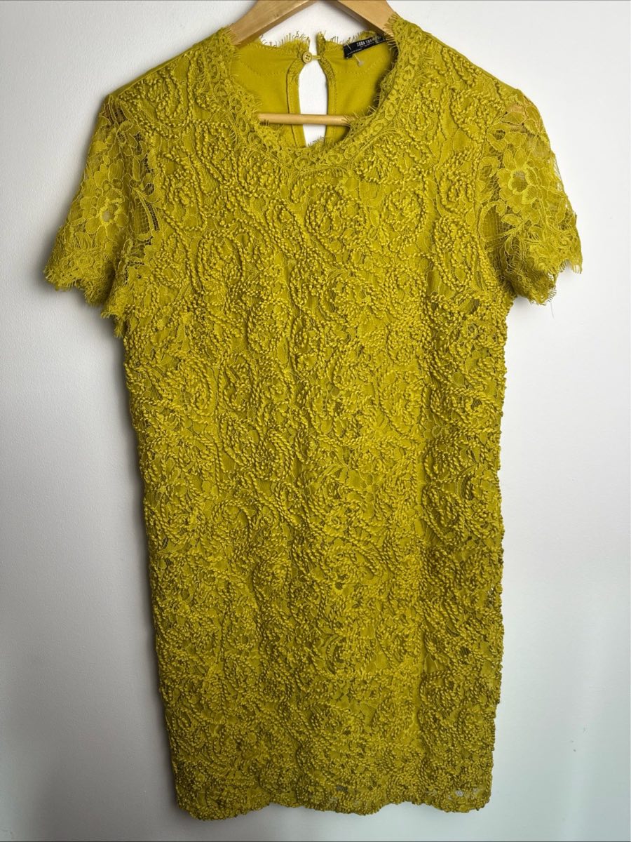 Zara Trafaluc Mustard Yellow Lace Mini Dress Women’s Size M Short Sleeve Party Occasion