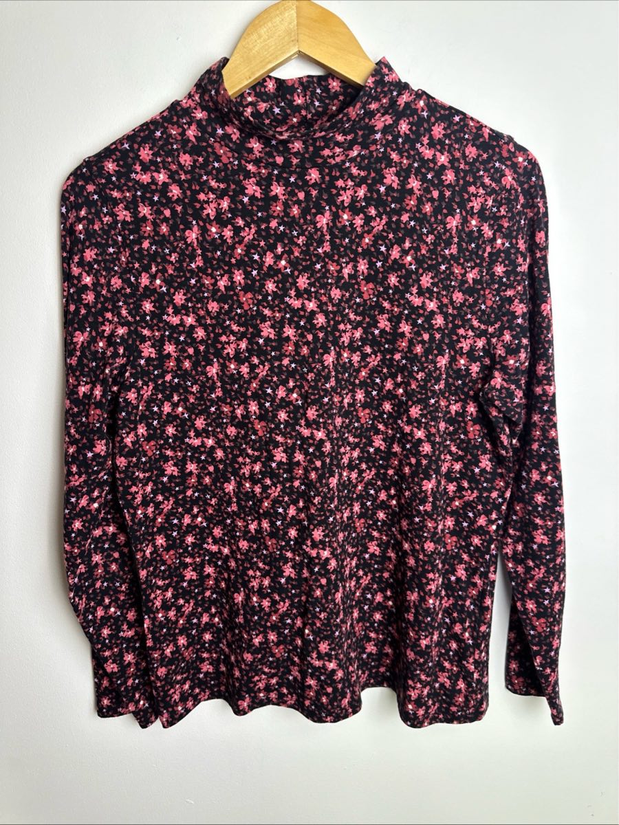 M&S Women’s Floral Roll Neck Long Sleeve Top Pink Black UK 14 EU 42 Cotton Stretch