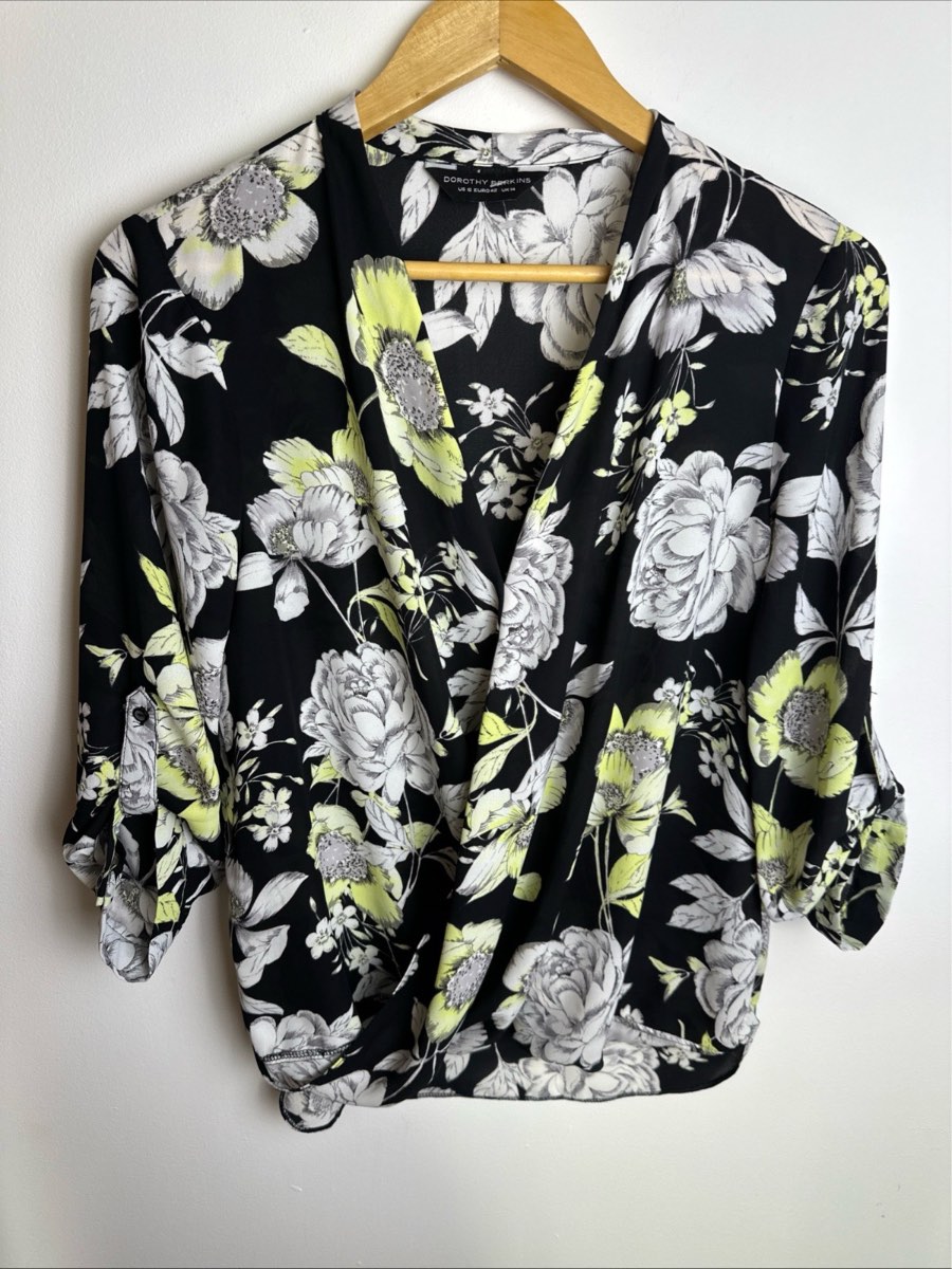 Dorothy Perkins Women’s Floral Wrap Blouse Top Black Yellow Grey UK 14 EU 42