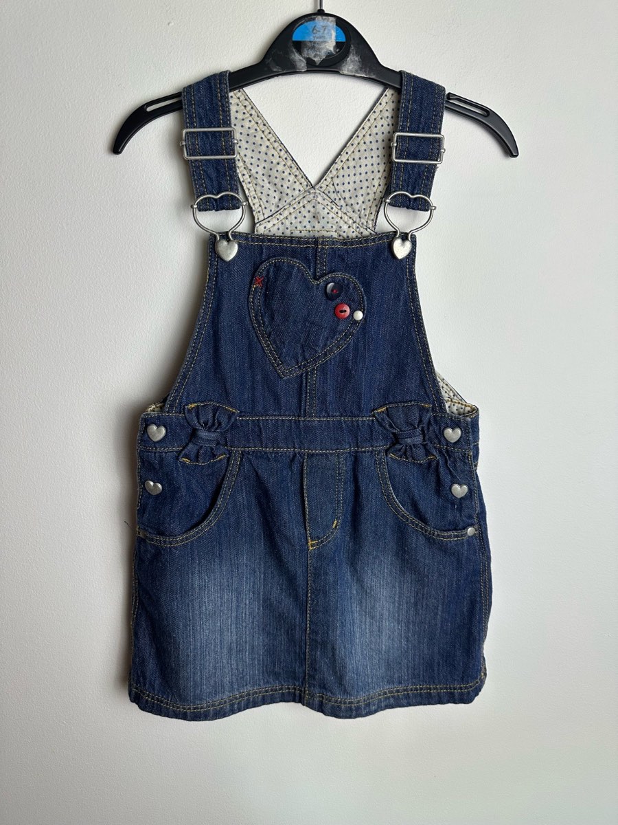 Matalan Girls Denim Pinafore Dress Age 2-3 Years Blue Heart Dungaree Overall Dress Cotton