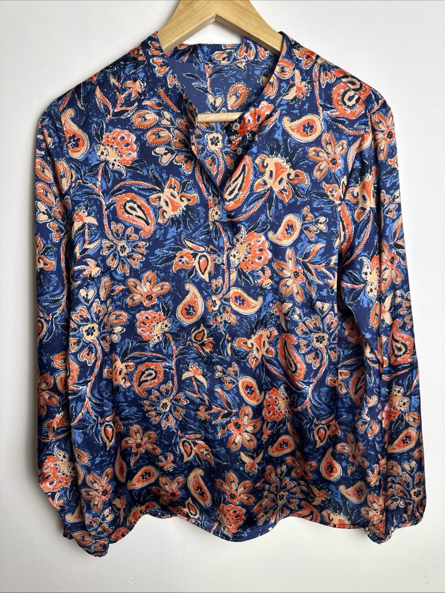 Gallery Women’s Paisley Floral Button Blouse Blue Orange Long Sleeve UK 12