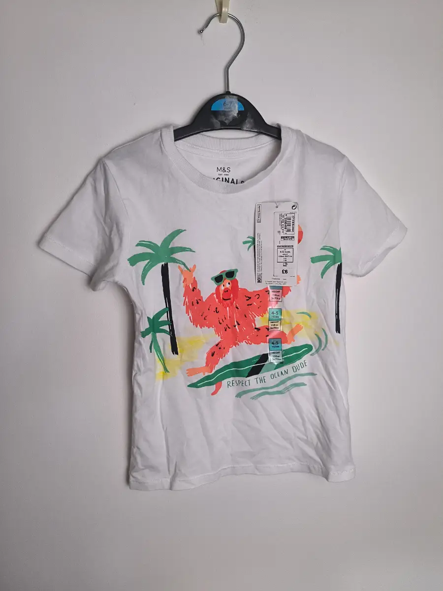 Marks & Spencer Originals Orangutan Surf T-Shirt BNWT White Age 4–5 Years (110cm)