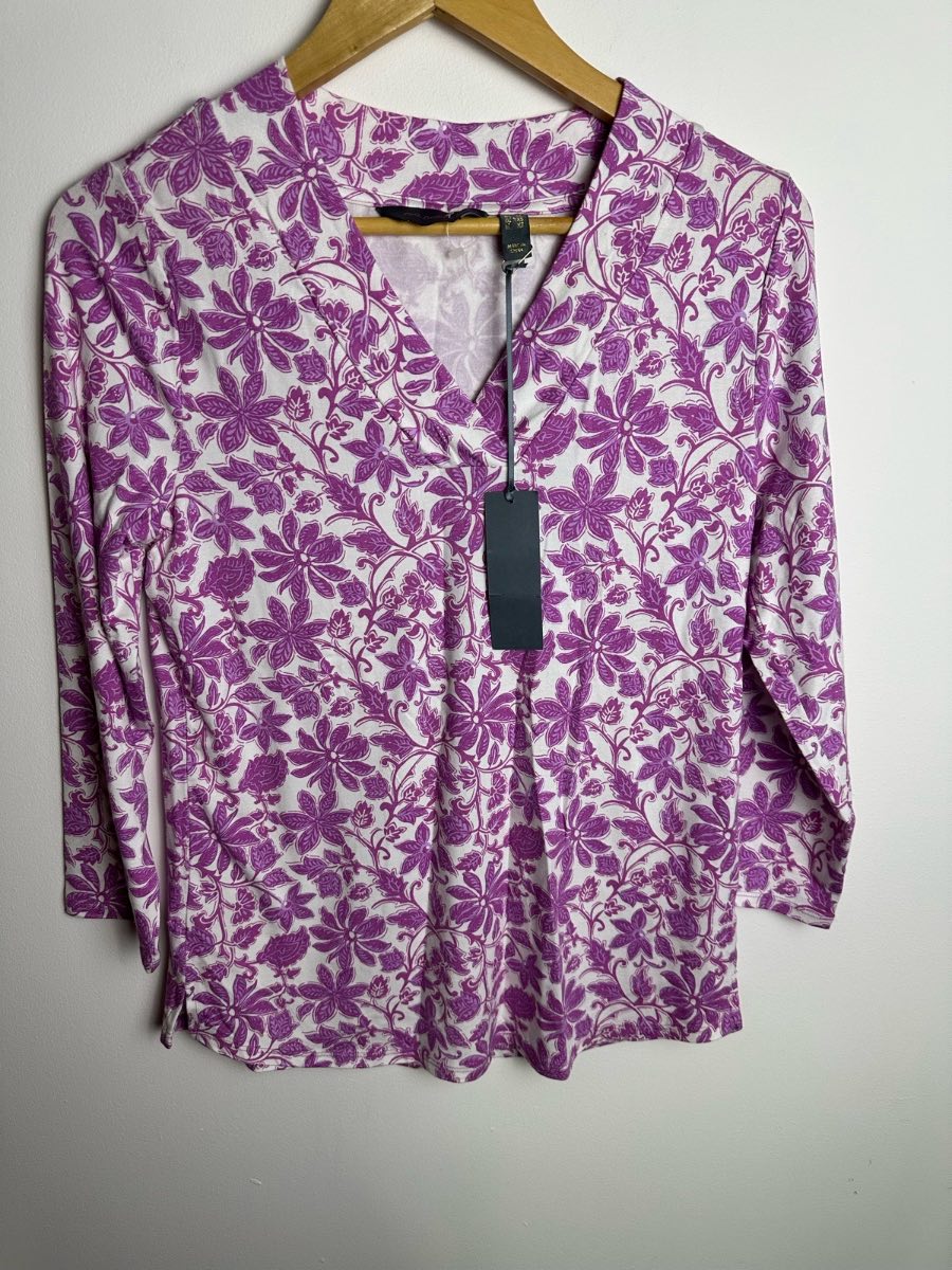 Ruth Langsford Floral Top Purple White V-Neck 3/4 Sleeve Size UK 8 BNWT
