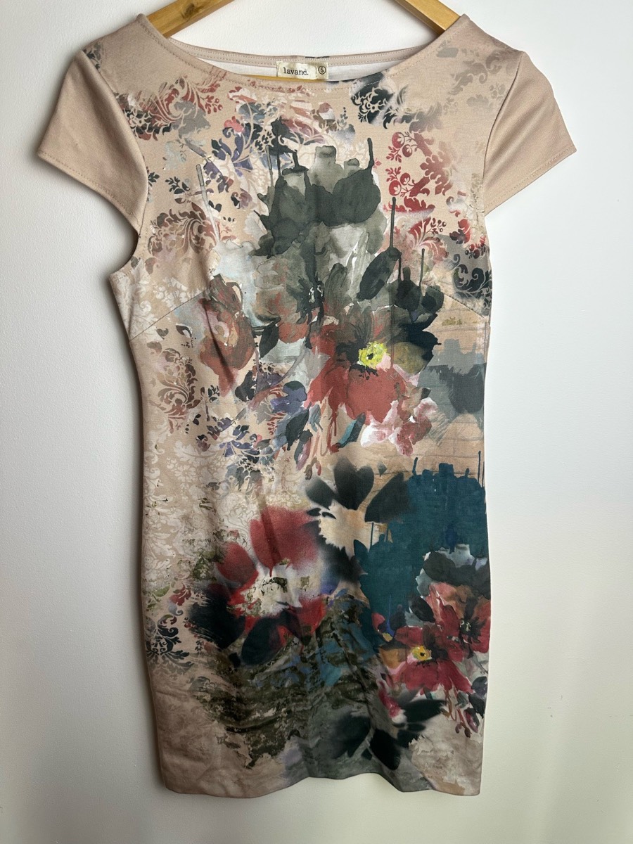Lavand Floral Bodycon Dress Size S UK 8 10 Beige Pink Occasion Stretch