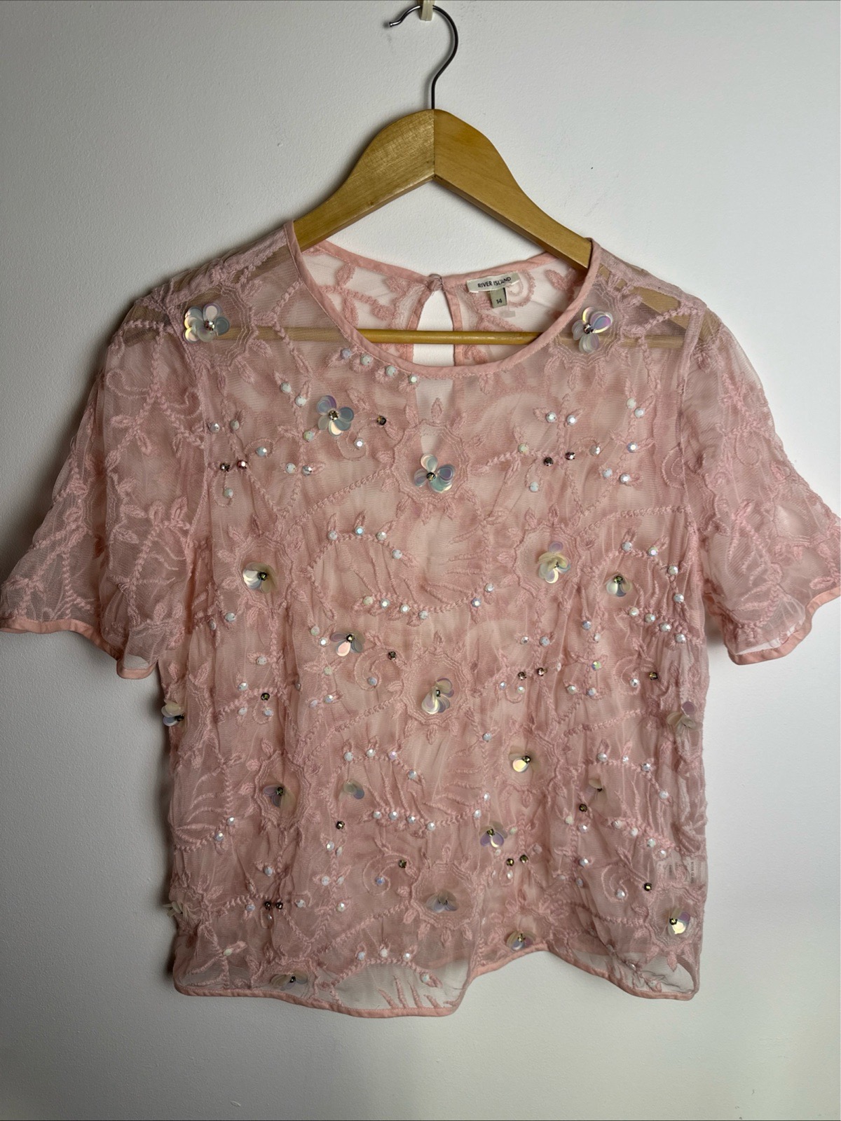 River Island Pink Embellished Lace Mesh Top UK 14 Sequin Beaded Party Blouse