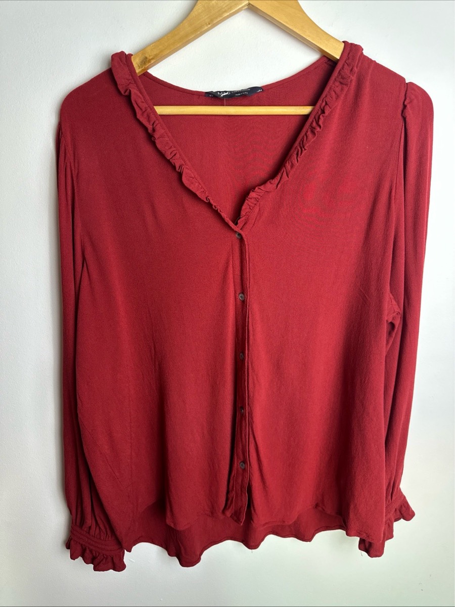M&S Collection Womens Blouse UK 18 Deep Red 100% Viscose Frill V Neck Long Sleeve