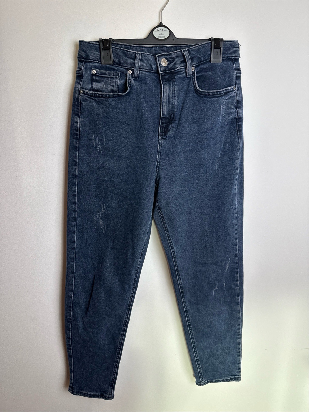 M&S Womens Mom Jeans UK 12 Blue Denim High Waist Distressed Stretch