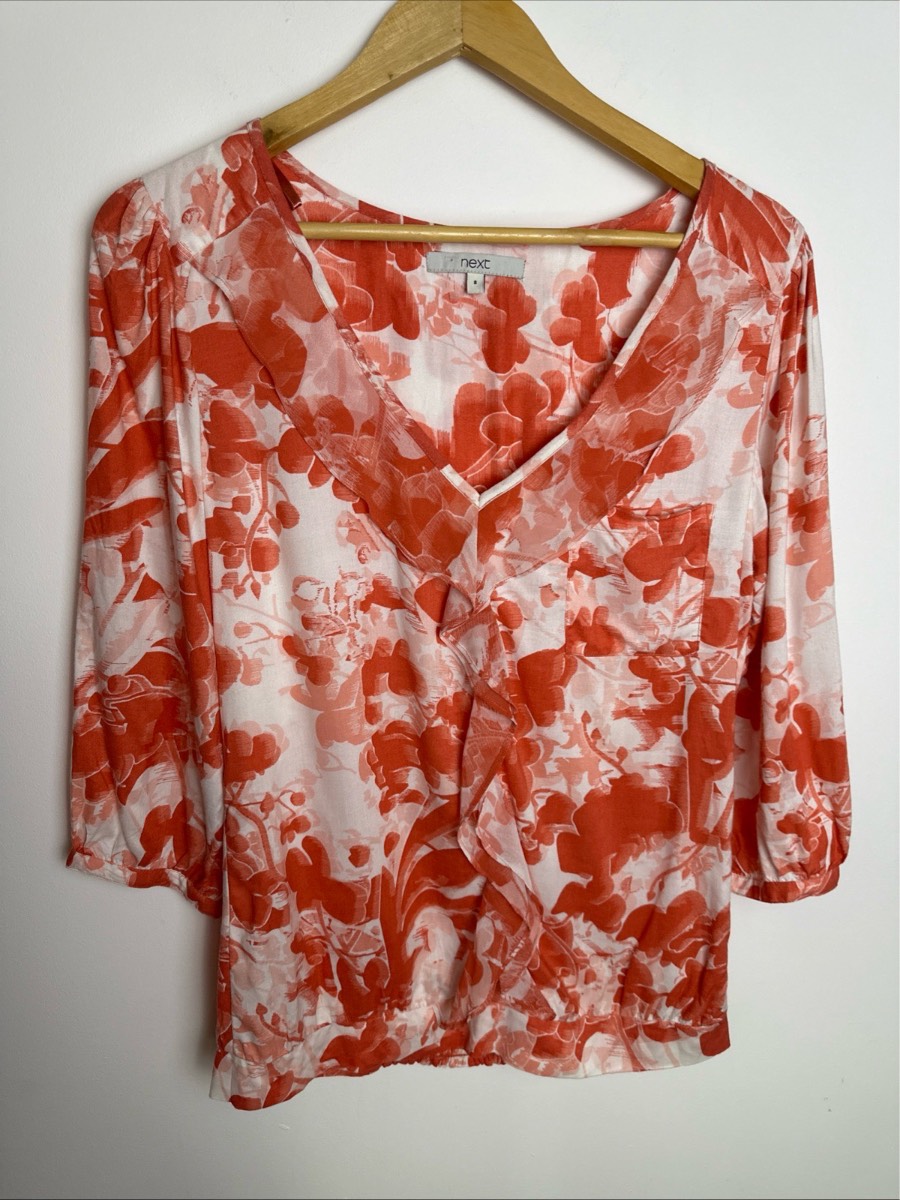 Next Floral Ruffle V Neck Blouse Top 3/4 Sleeve Pink Coral UK 8 Boho
