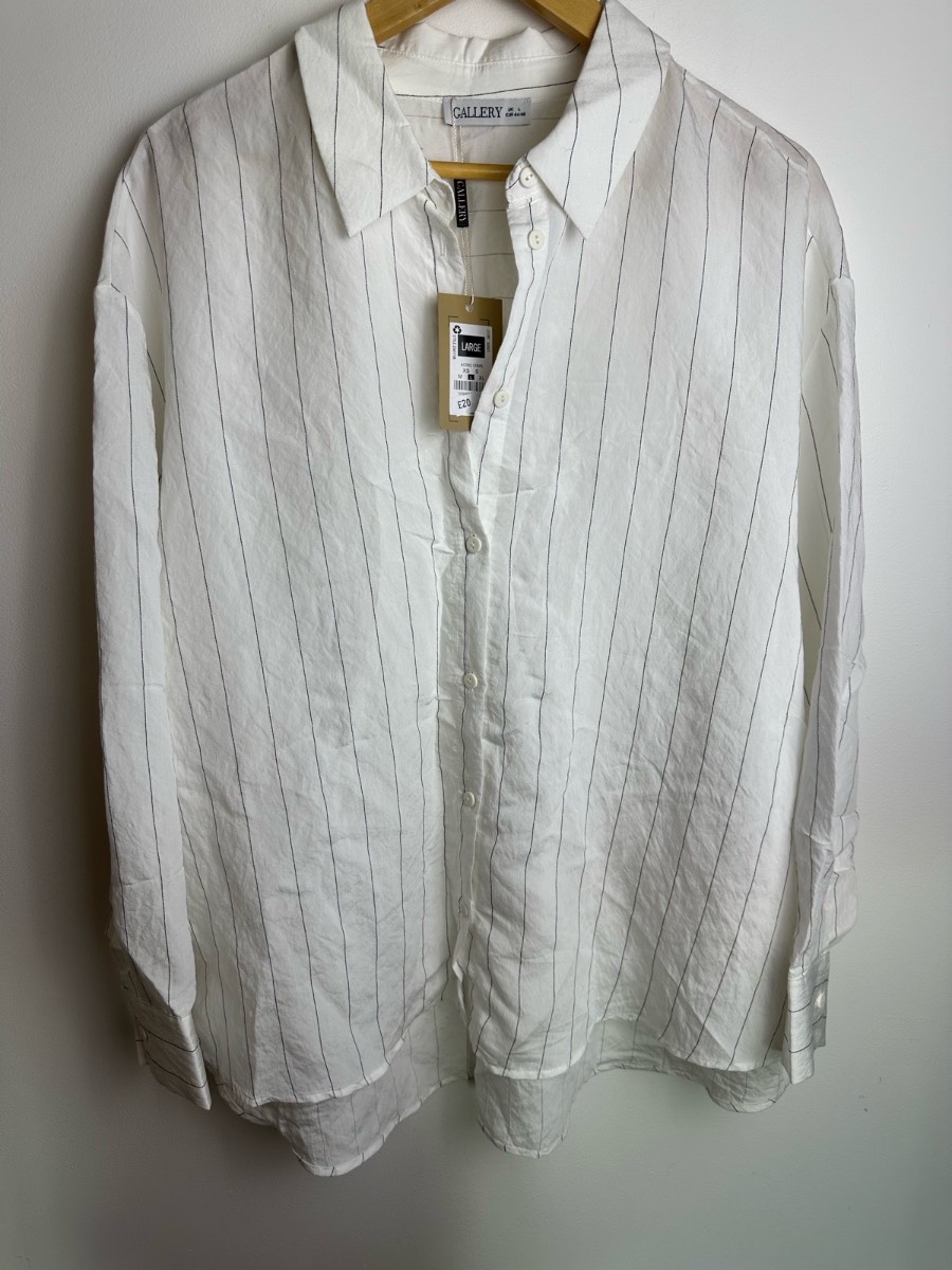 Gallery White Pinstripe Blouse Shirt UK L EU 44/46 Long Sleeve New With Tags
