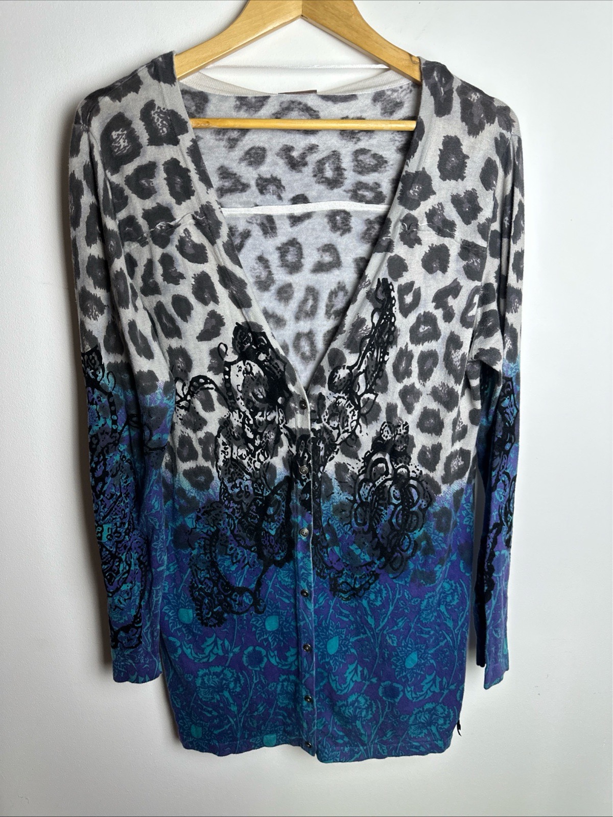 Poools Leopard Print Long Cardigan Size 12 Velvet Detail