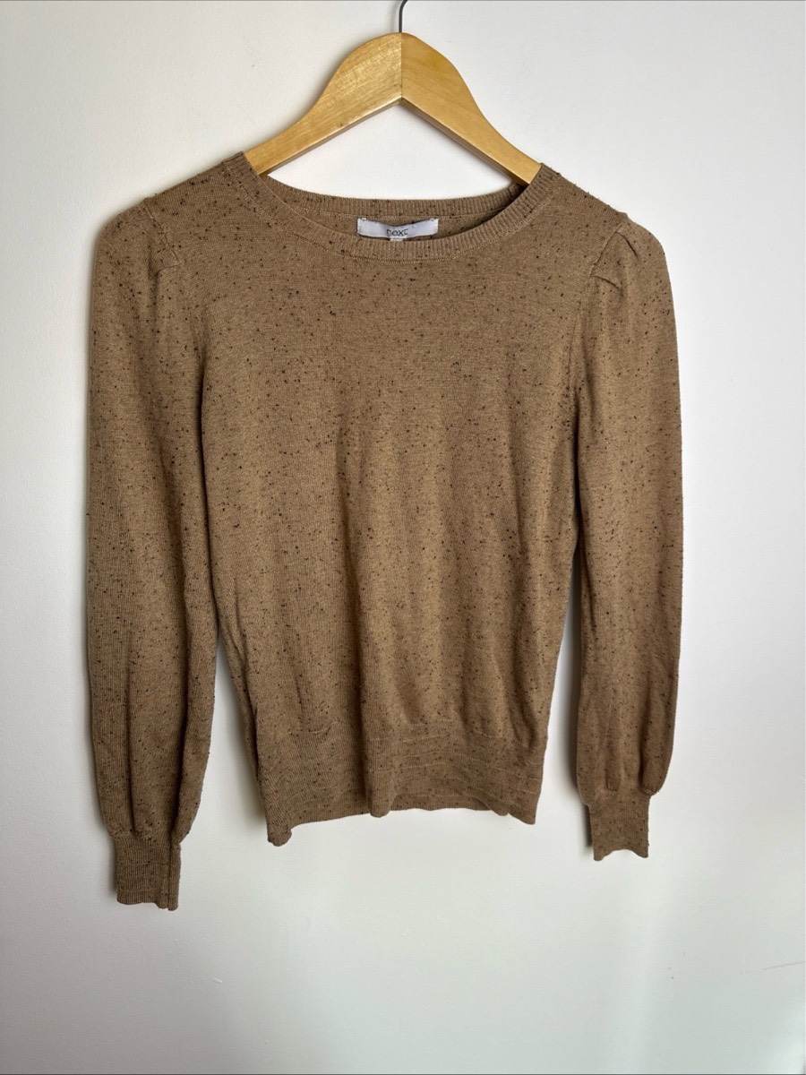 Next Womens Jumper Size S UK 8/10 Camel Brown Speckled Knit Puff Sleeve