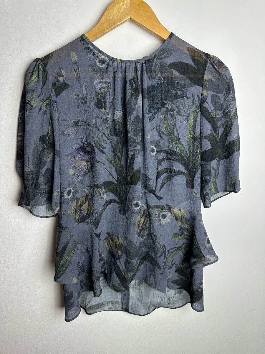 Next Grey Floral Chiffon Blouse UK 12 Sheer Peplum Top Short Sleeve Smart Occasion