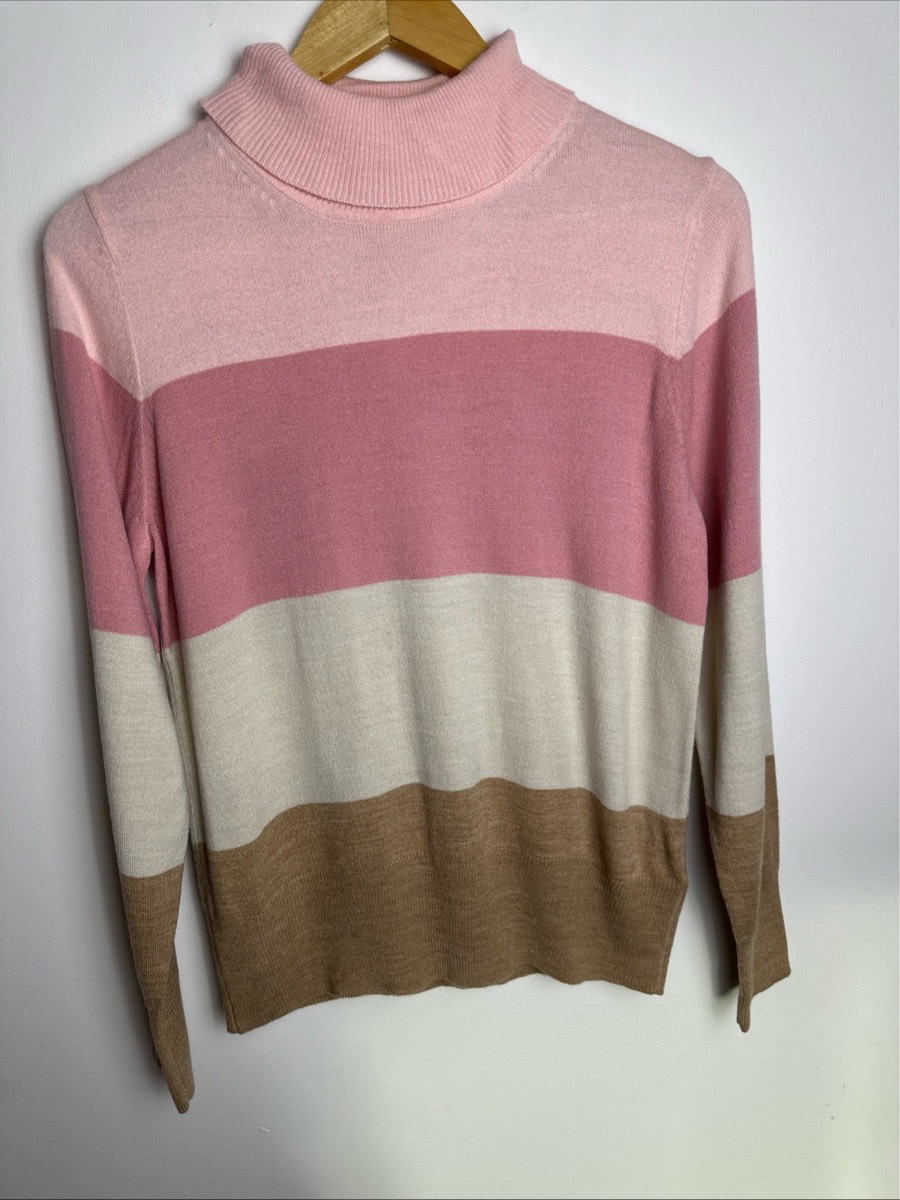 M&S Colour Block Roll Neck Jumper Pink Beige Camel UK12 Acrylic Knit Sweater